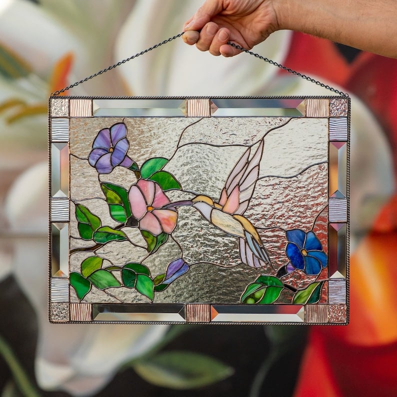 Cardinal Stained Window Panel Hummingbird